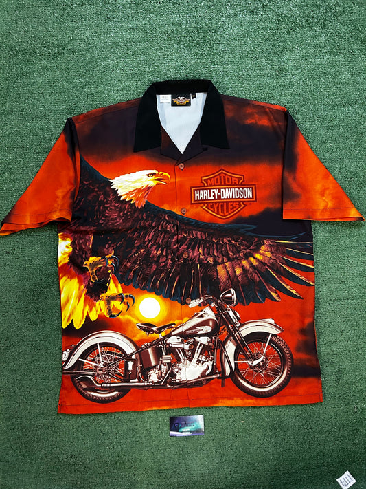 Vintage Harley Davidson eagle all over print orange button up