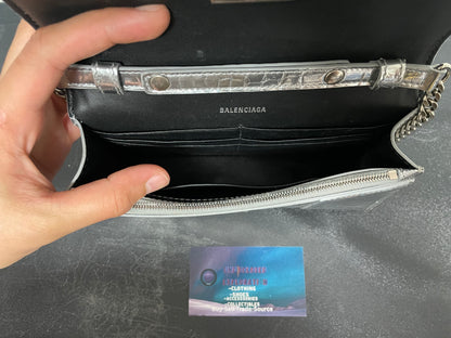 Balenciaga silver Metallic Crocodile Hourglass Chain purse