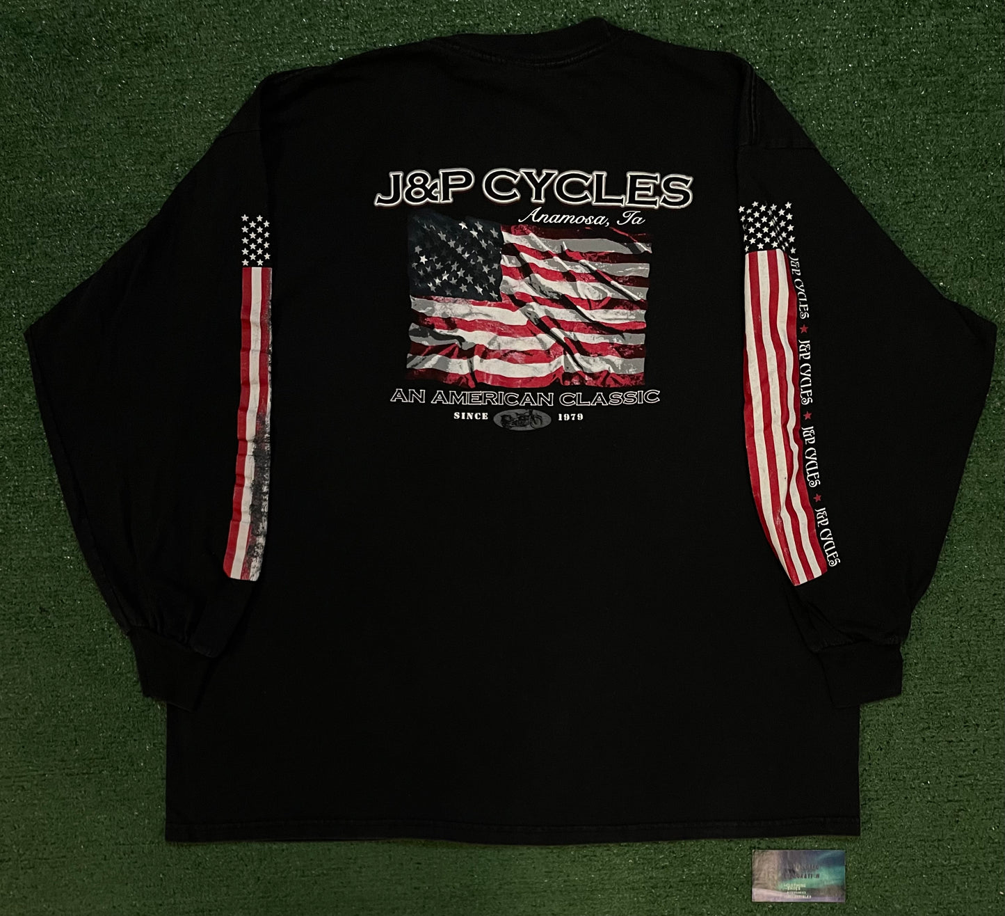Vintage 1990s J&P CYCLES  motorcycle flag longsleeve tee