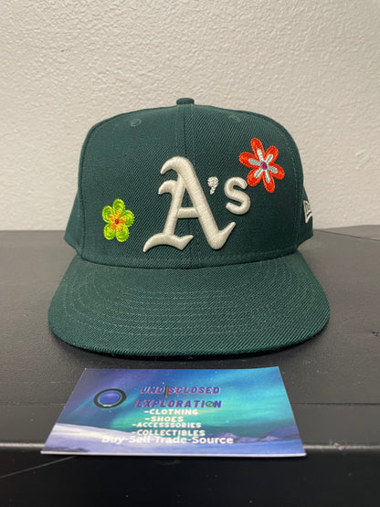Dark Green Oakland athletics floral fitted hat