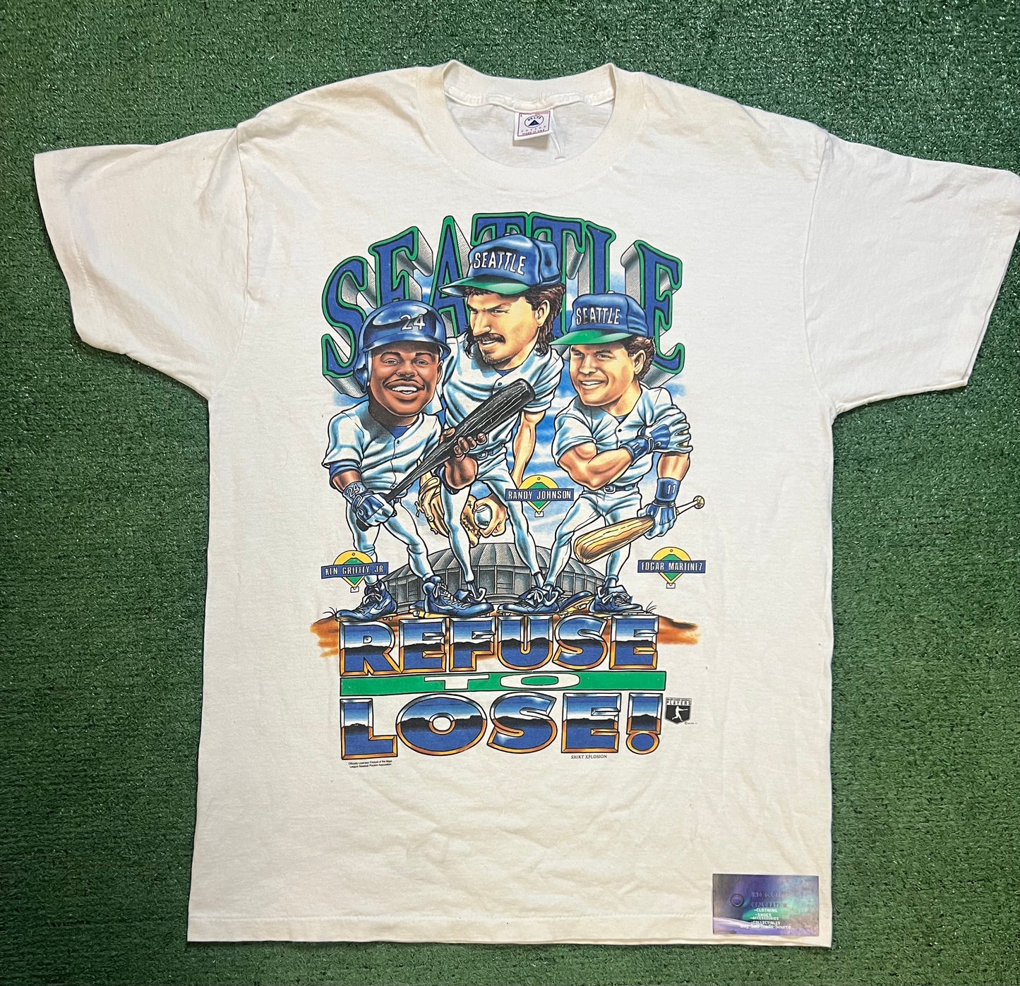 vintage 1990s Seattle Mariners Refuse to Lose caricature Ken Griffey Jr Randy Johnson Edgar Martinez tee