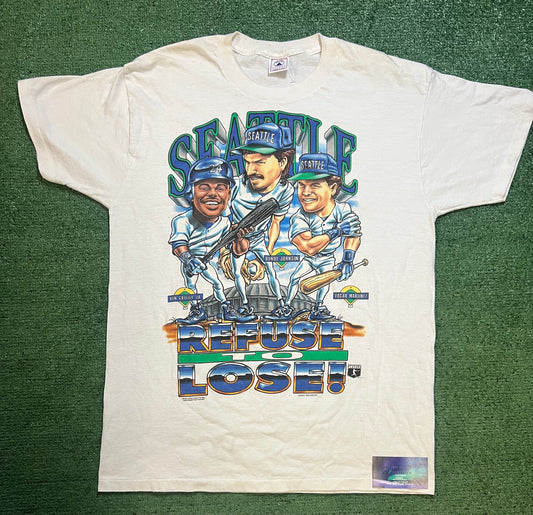 vintage 1990s Seattle Mariners Refuse to Lose caricature Ken Griffey Jr Randy Johnson Edgar Martinez tee