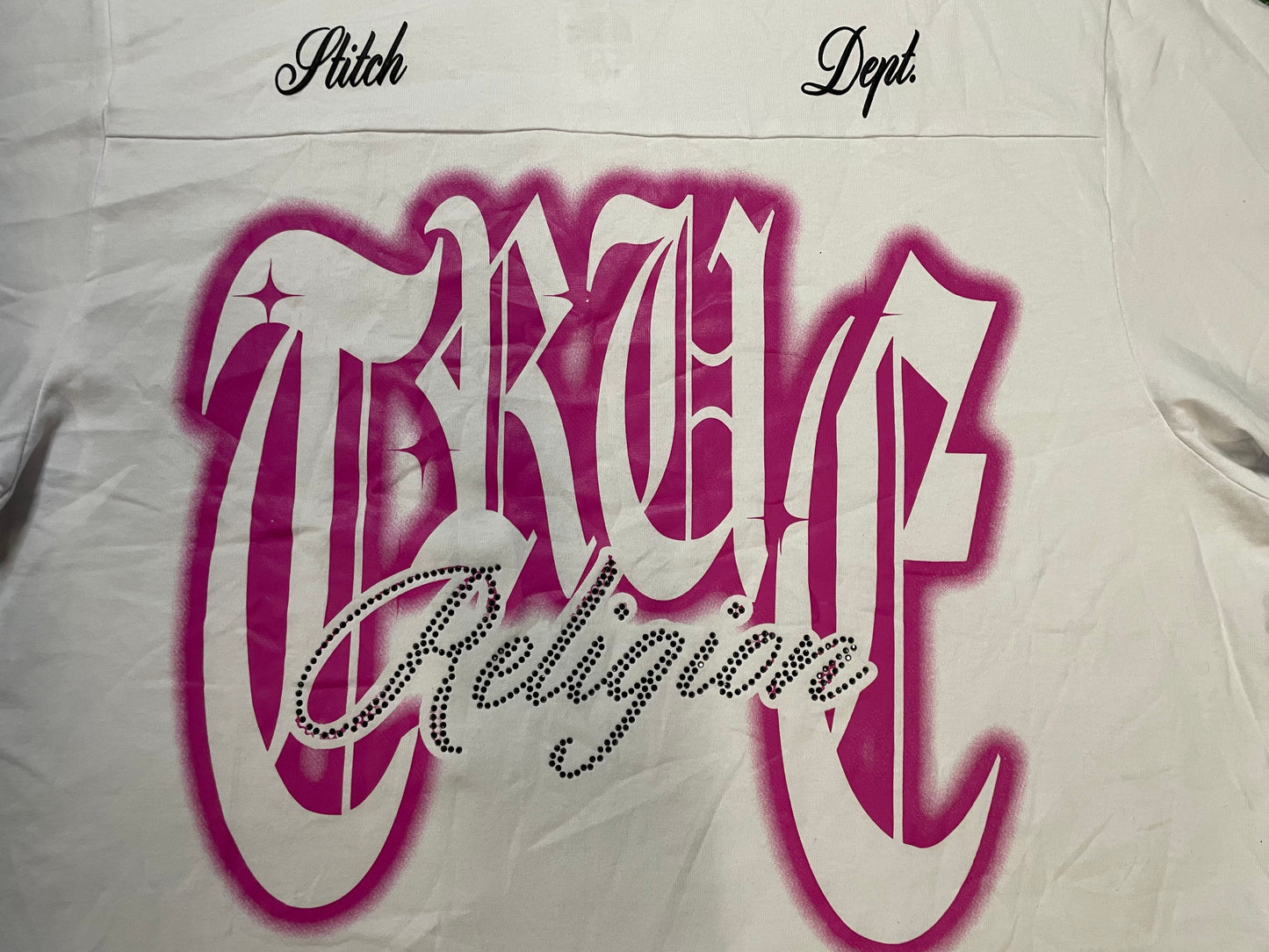 True Religion original stitch  white & pink tee