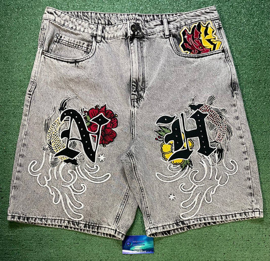 Ninth Hall grey embroidered jean shorts