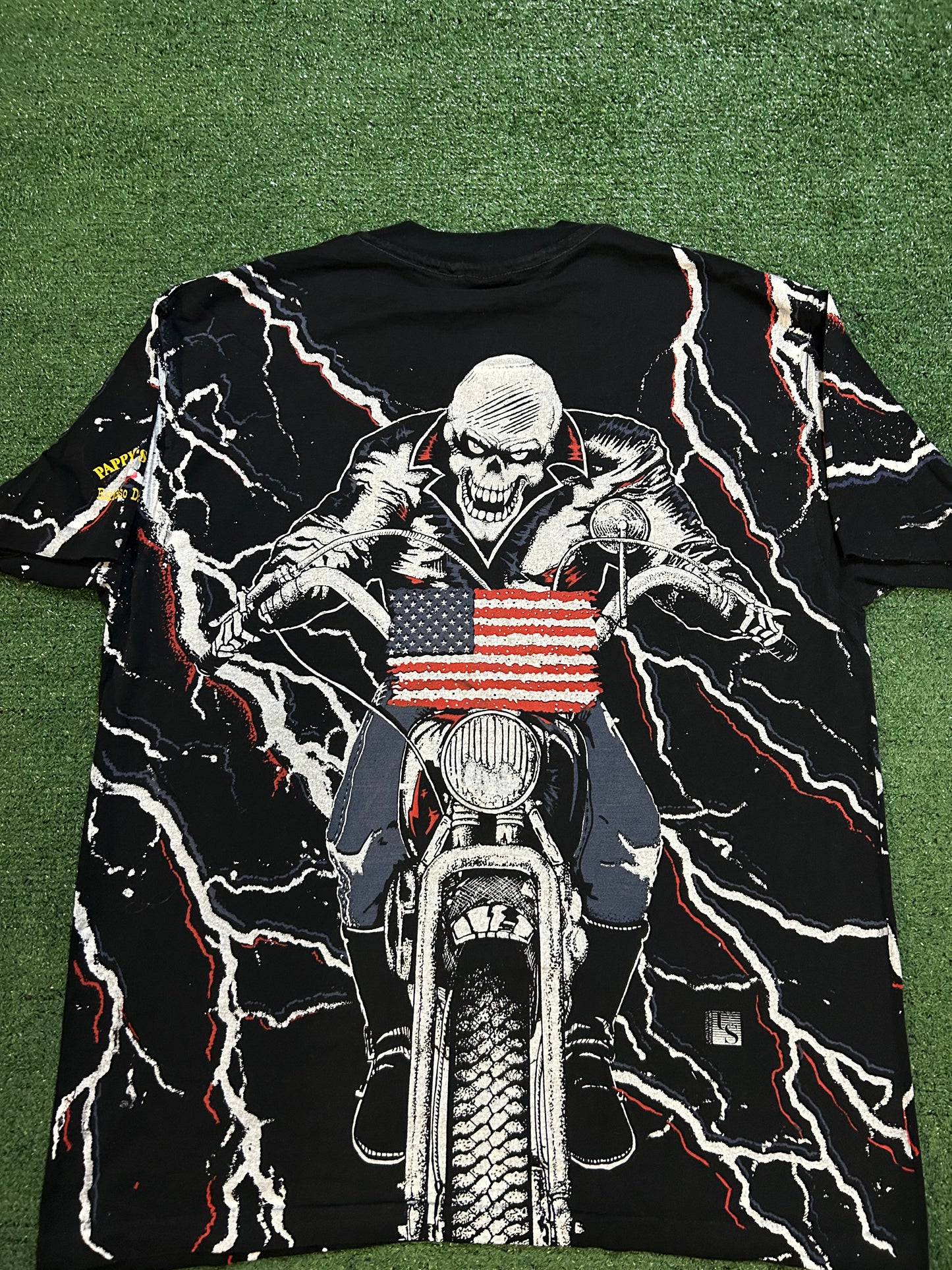 Vintage 1990s USA motorcycle all over print skeleton tee