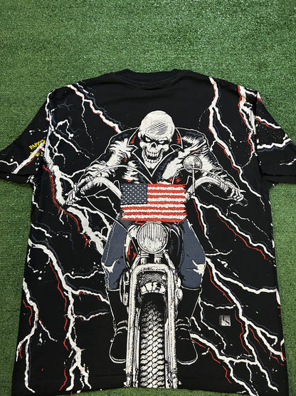 Vintage 1990s USA motorcycle all over print skeleton tee
