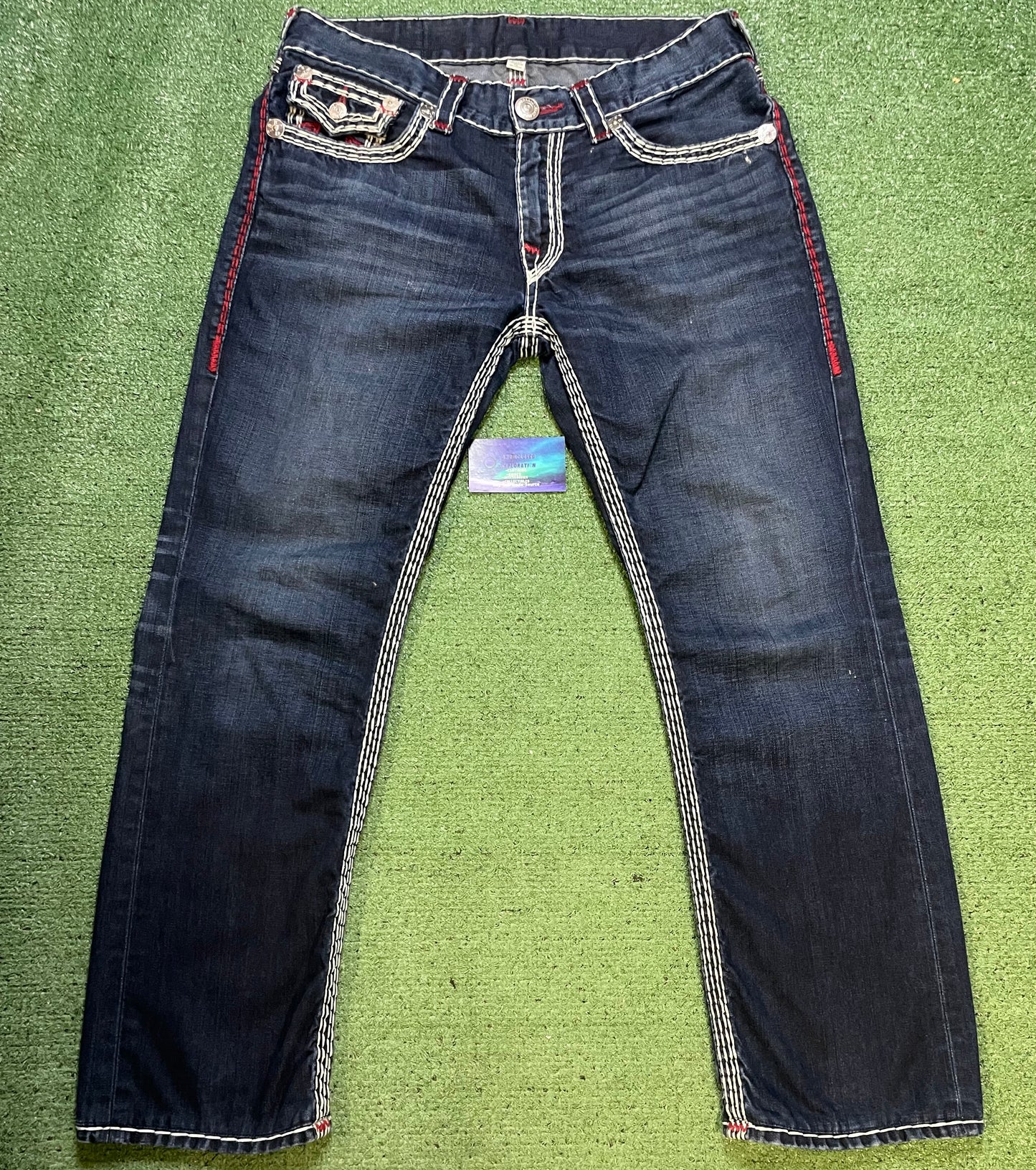 True Religion dark wash red stitching straight jeans