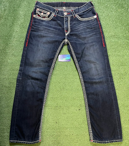 True Religion dark wash red stitching straight jeans