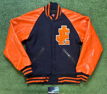 Vintage 1990s navy and orange varsity jacket