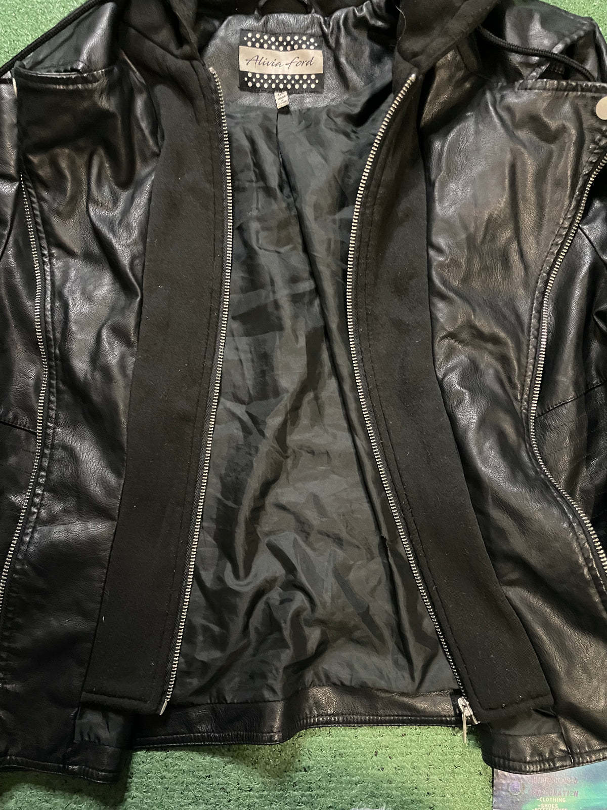 Alivia Ford  black Leather hooded jacket