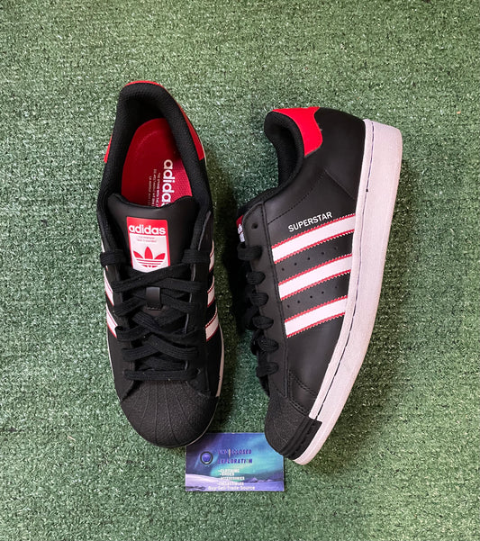 Adidas superstar black white scarlet size 10men/11.5women