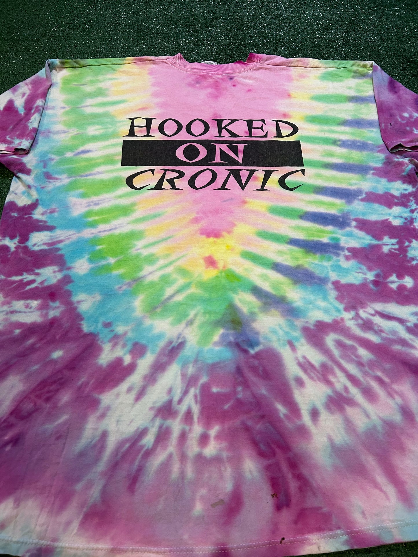 Vintage 1990s Cronic the hemp hog highly intense hooked on cronic double sided tie dye tee
