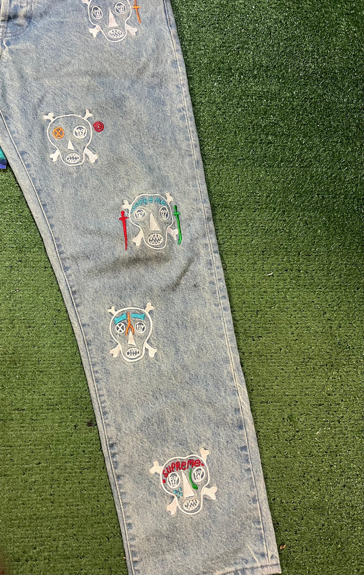 Supreme Clayton Patterson Skulls Embroidered light wash Jeans