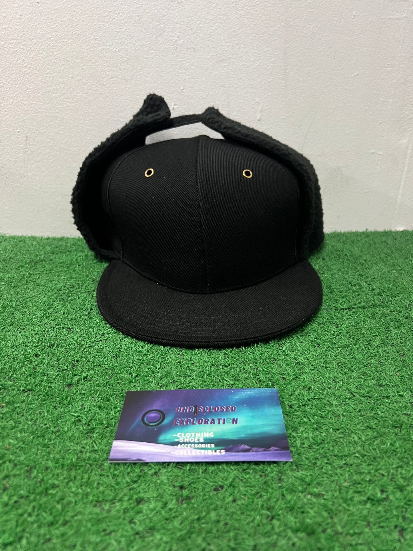 Black ear flap hat