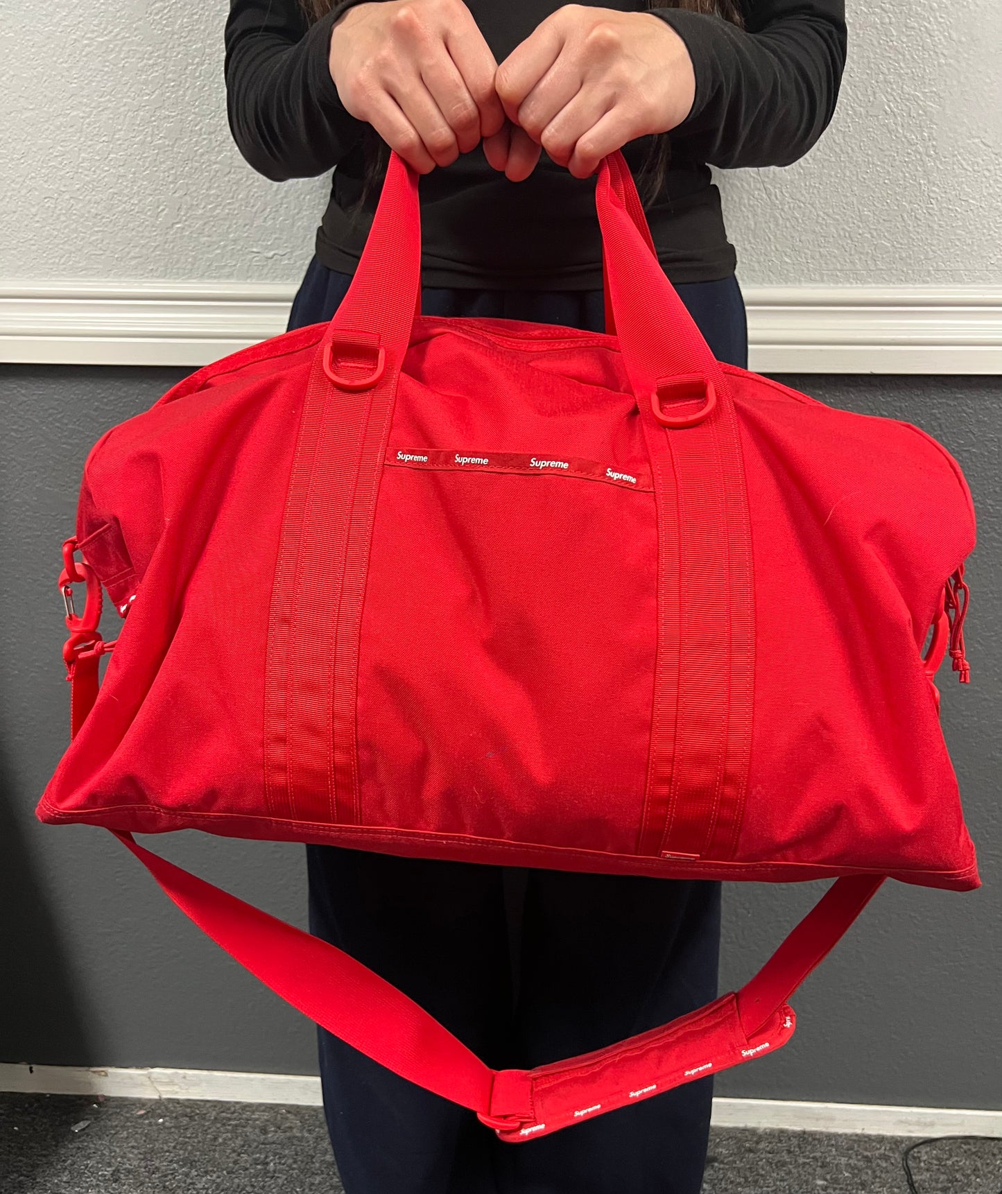 Supreme red duffle bag FW24