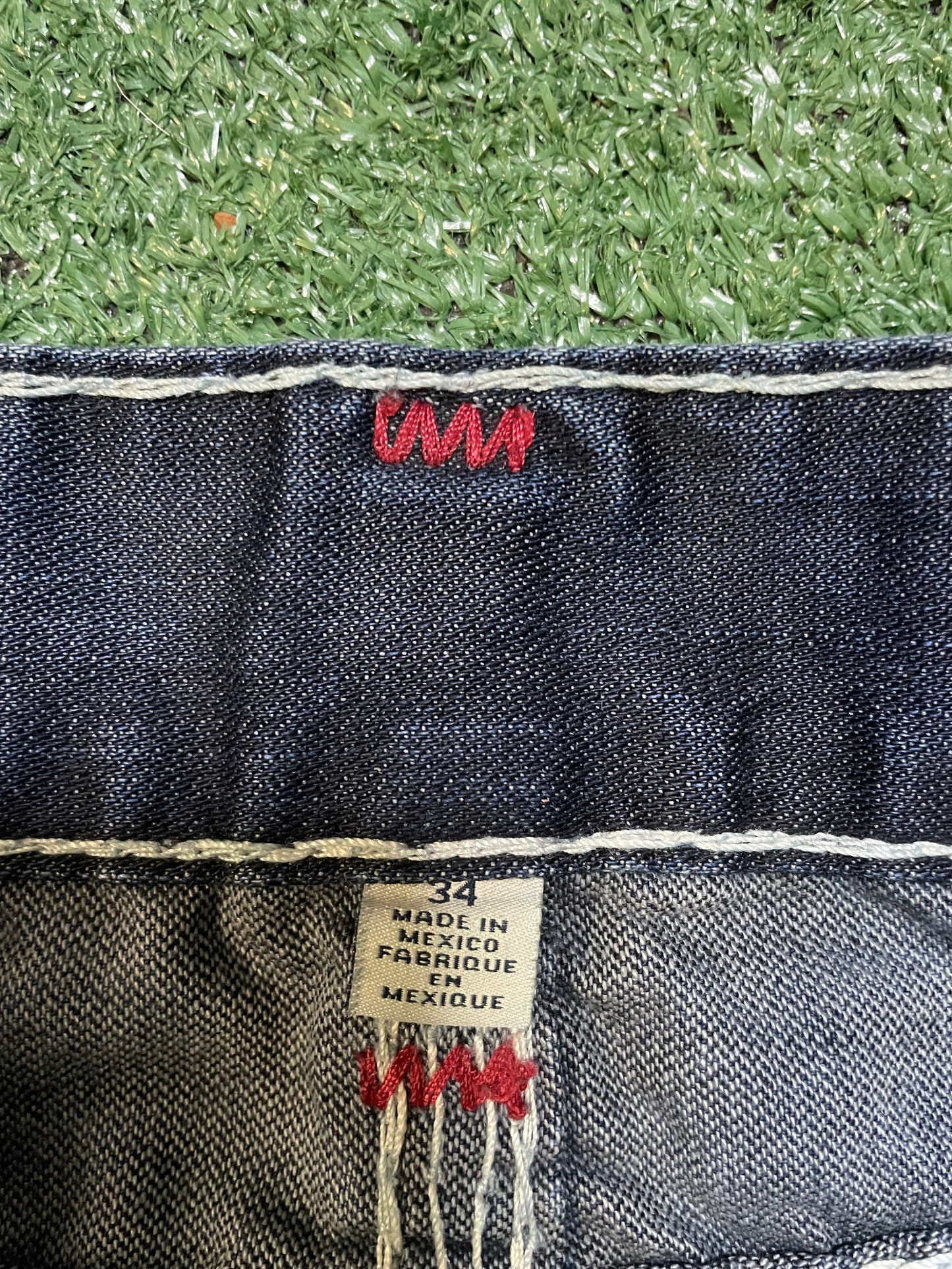 True Religion dark wash red stitching straight jeans
