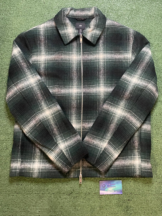 H&M wool blend white and green zip up flannel