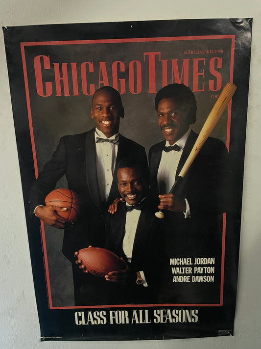 Vintage 1980s Chicago Times Micheal Jordan Walter Payton Andre Dawson poster