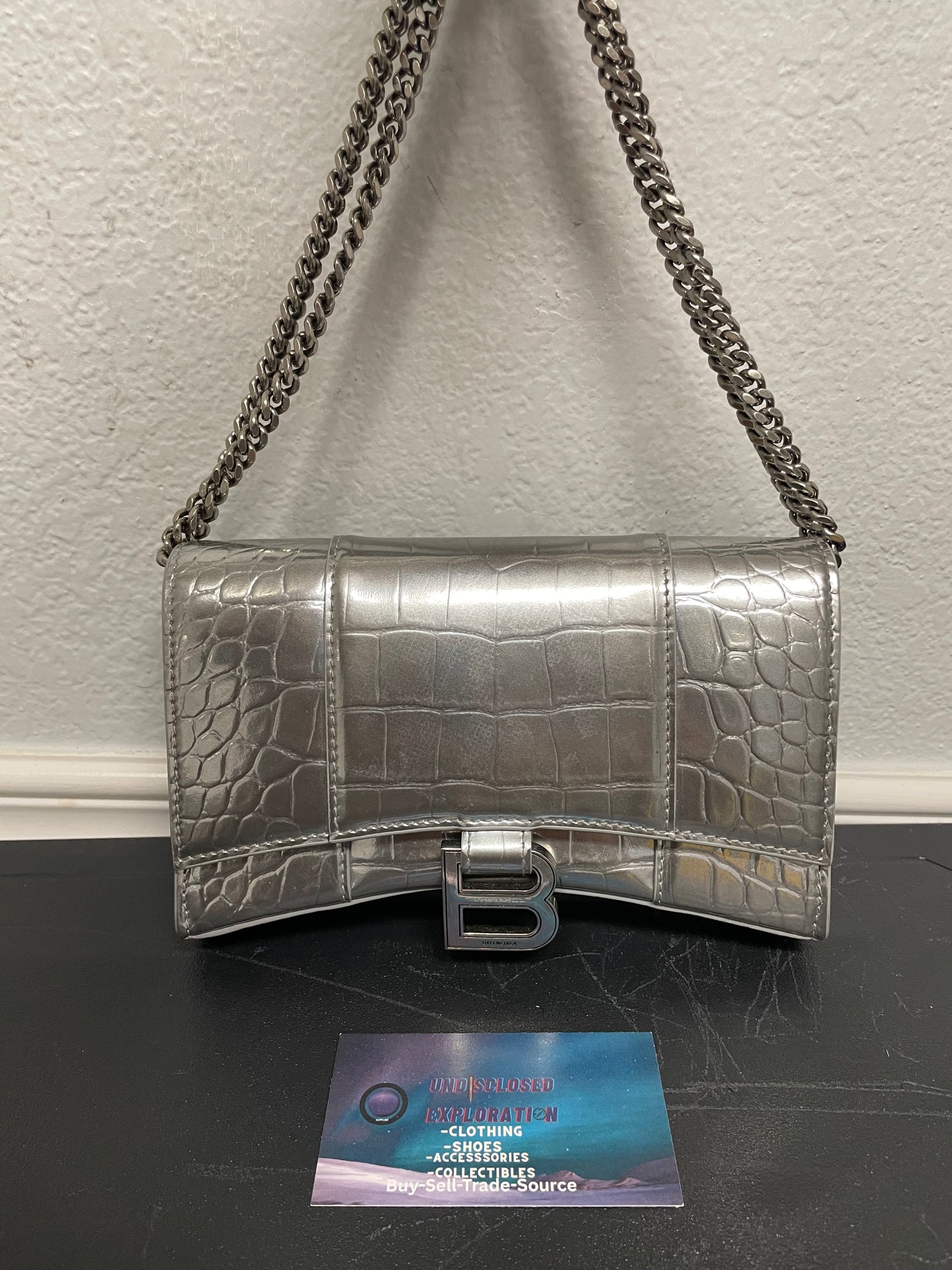 Balenciaga silver Metallic Crocodile Hourglass Chain purse