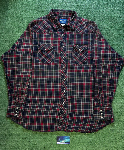 Vintage wrangler pearl snap black and red flannel