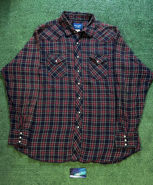 Vintage wrangler pearl snap black and red flannel