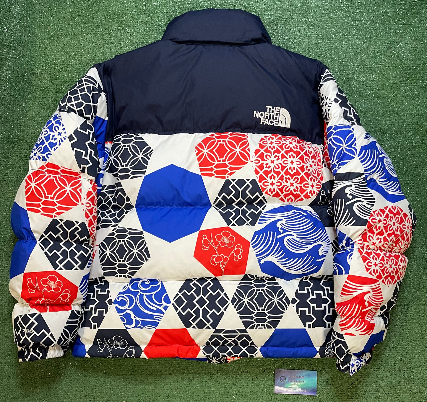 The North Face Nuptse 700 blue IC geo print jacket