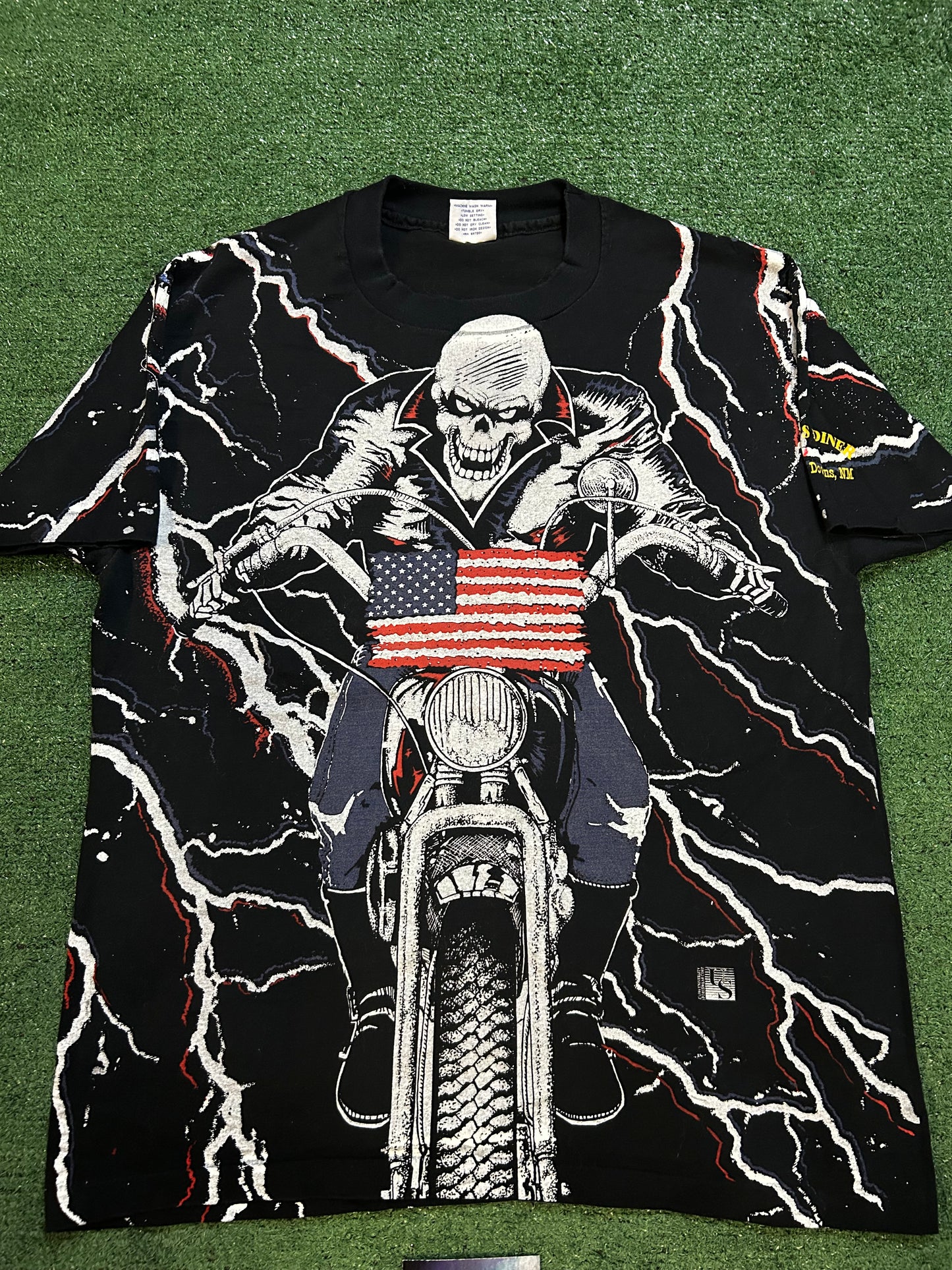 Vintage 1990s USA motorcycle all over print skeleton tee