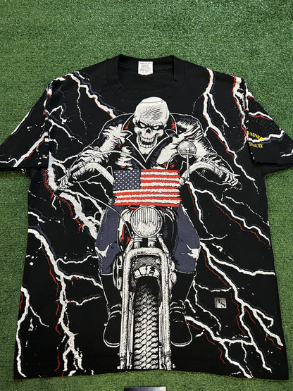 Vintage 1990s USA motorcycle all over print skeleton tee