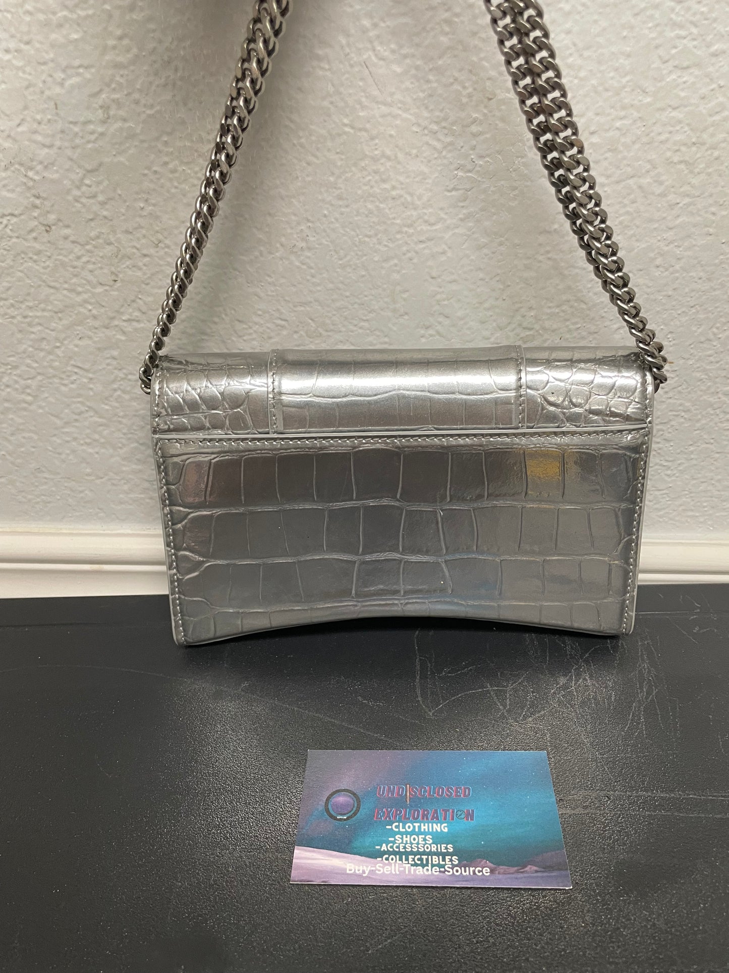 Balenciaga silver Metallic Crocodile Hourglass Chain purse