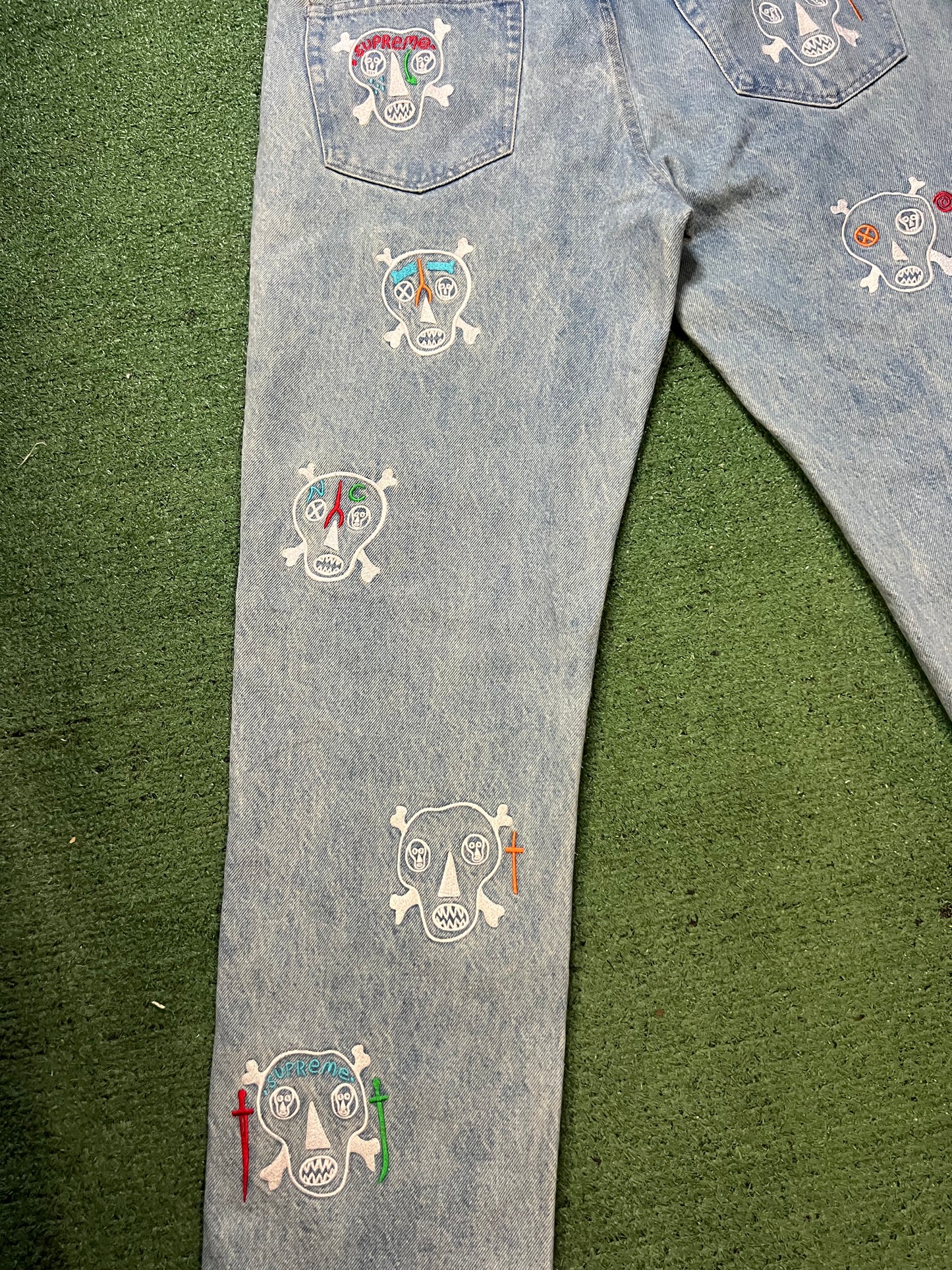 Supreme Clayton Patterson Skulls Embroidered light wash Jeans