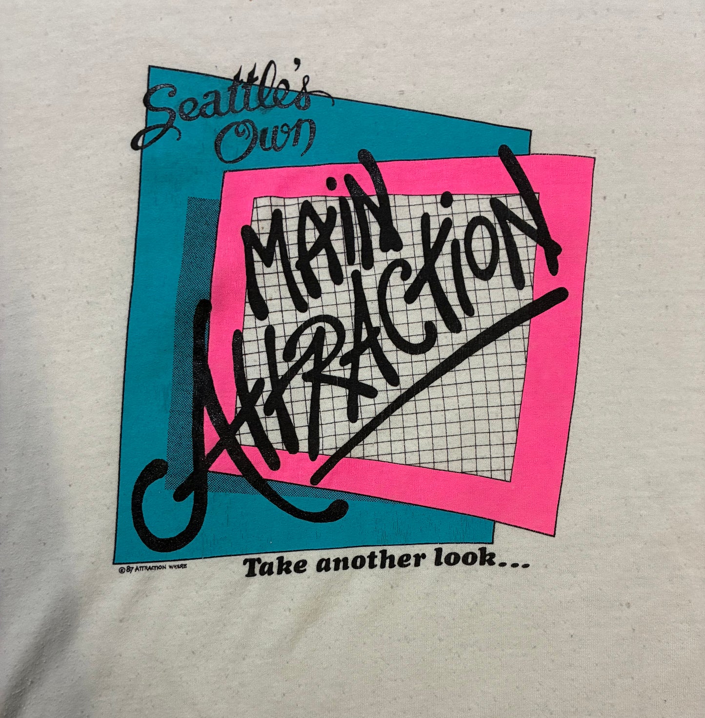Vintage 1990s Seattle own Main Attraction blue & pink tee