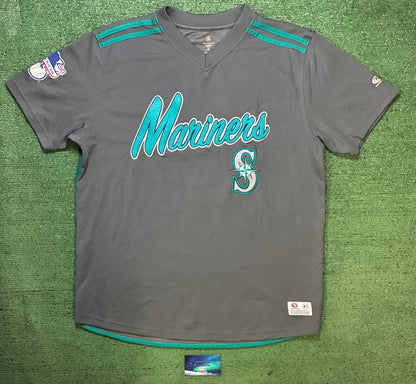 vintage gray and teal Seattle Mariners short sleeve V neck embroidered jersey