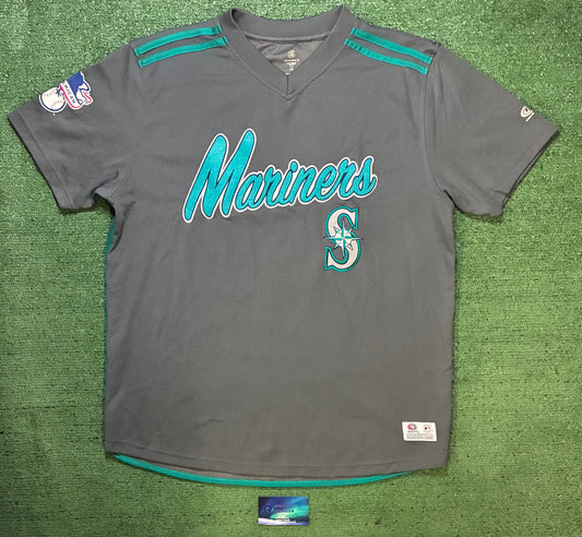 vintage gray and teal Seattle Mariners short sleeve V neck embroidered jersey