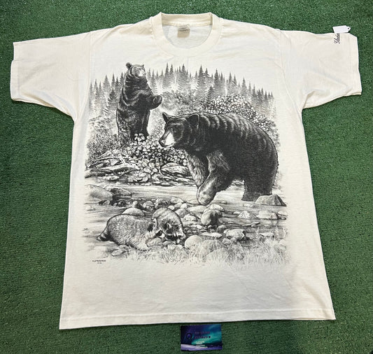 Vintage 1990s nature bears and raccoons all over print tee
