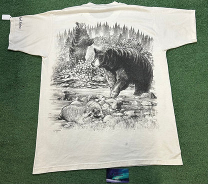 Vintage 1990s nature bears and raccoons all over print tee