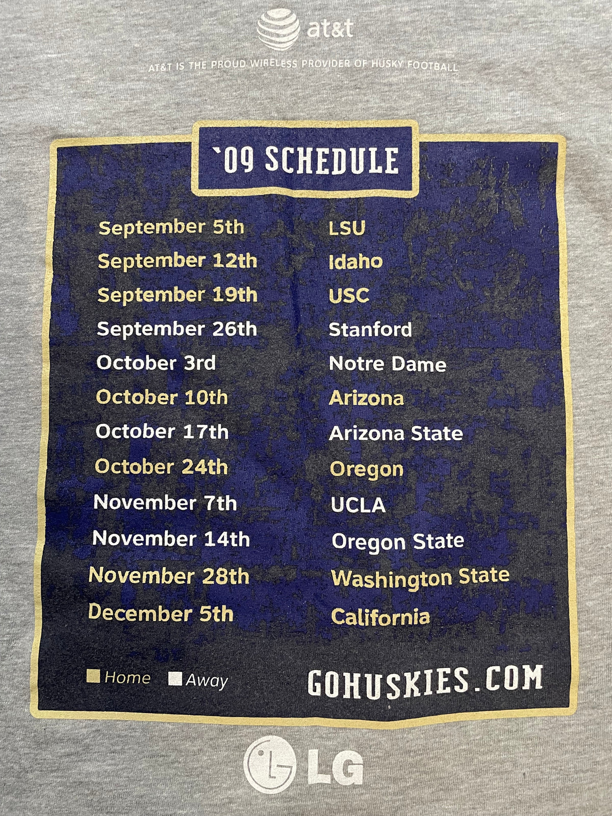 UW University of Washington Go Huskies 2009 schedule tee