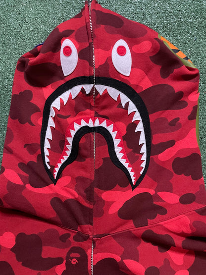 A Bathing Ape Bape red camo shark hoodie