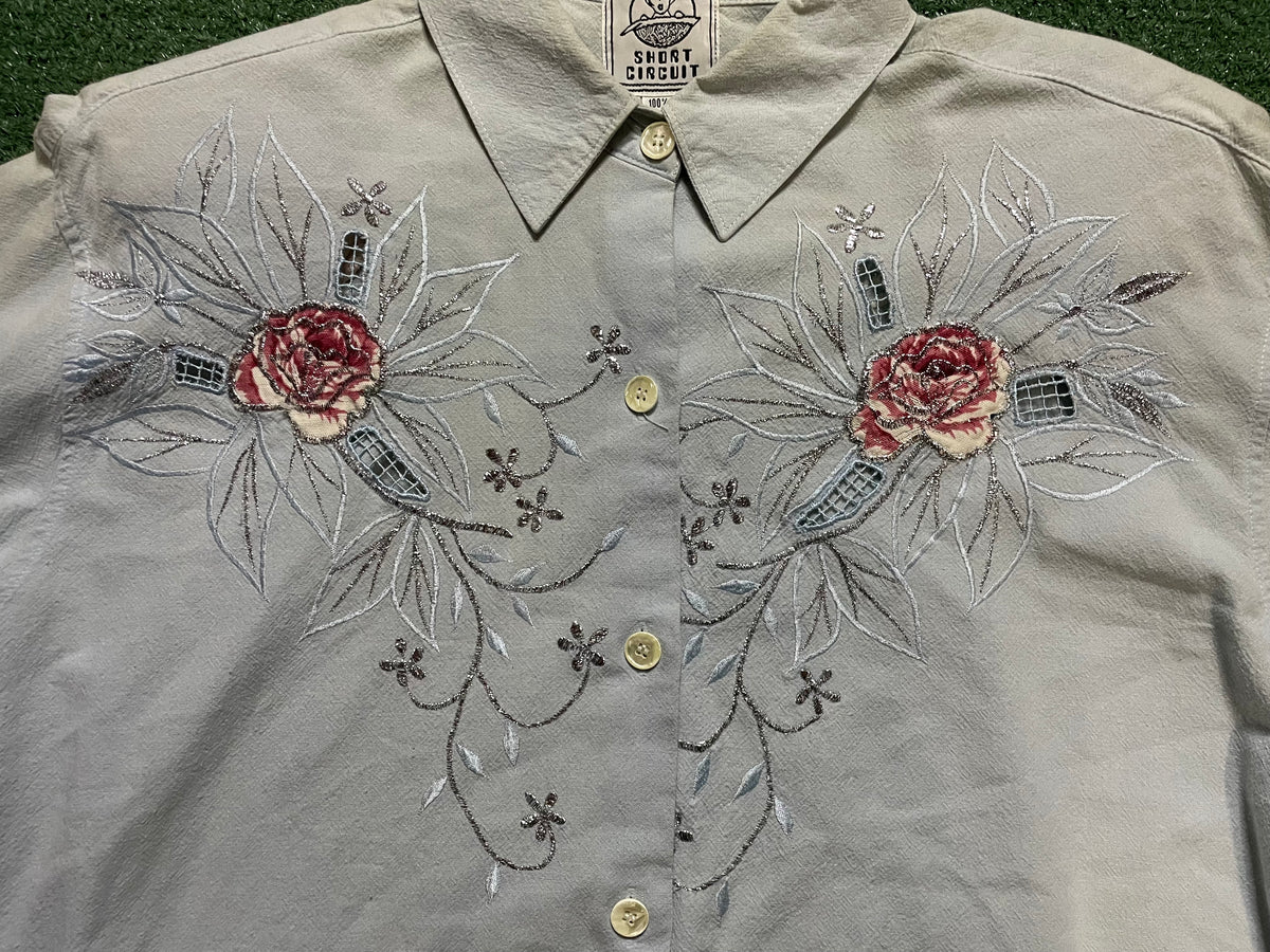 Vintage Short Circuit embroidered floral light blue button up