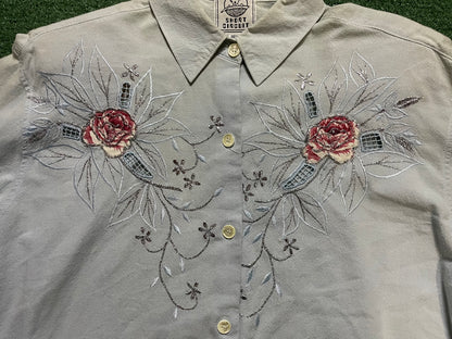Vintage Short Circuit embroidered floral light blue button up
