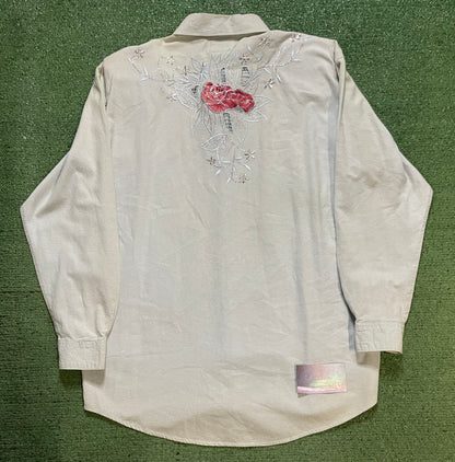 Vintage Short Circuit embroidered floral light blue button up