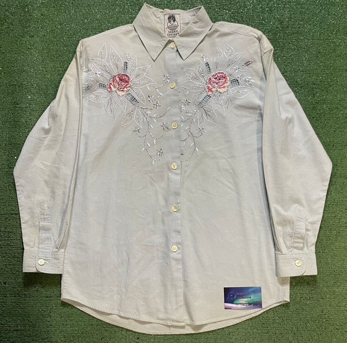 Vintage Short Circuit embroidered floral light blue button up