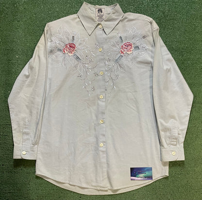 Vintage Short Circuit embroidered floral light blue button up
